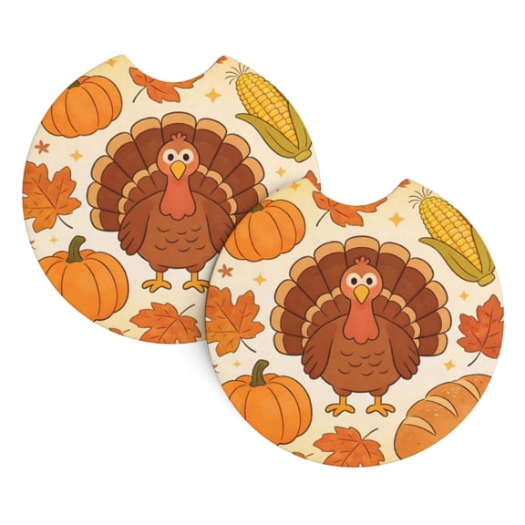 2 Package Car Coasters Drink Absorbable Rubber Base Cup Holder Coasters Non-Slip Coasters Bar Coasters Car Interior Accessories 2.7 Inches Thanksgiving Turkey (1)