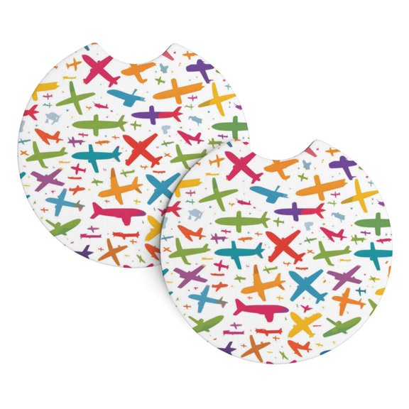 2 Package Car Coasters Drink Absorbable Rubber Base Cup Holder Coasters Non-Slip Coasters Bar Coasters Car Interior Accessories 2.7 Inches Various Cartoon-Style Airplanes