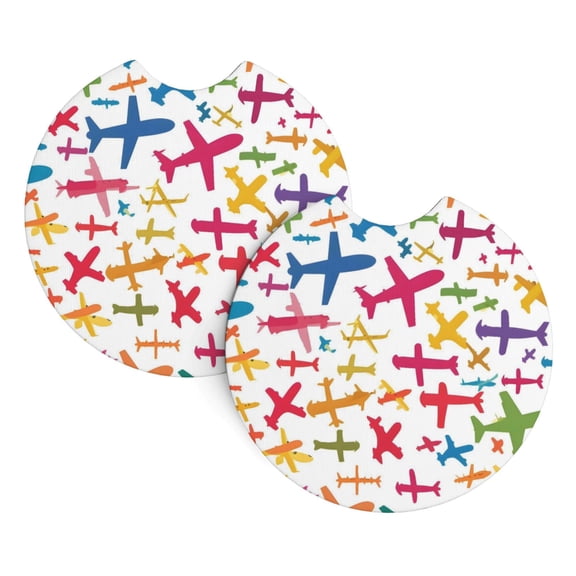 2 Package Car Coasters Drink Absorbable Rubber Base Cup Holder Coasters Non-Slip Coasters Bar Coasters Car Interior Accessories 2.7 Inches Various Cartoon-Style Airplanes