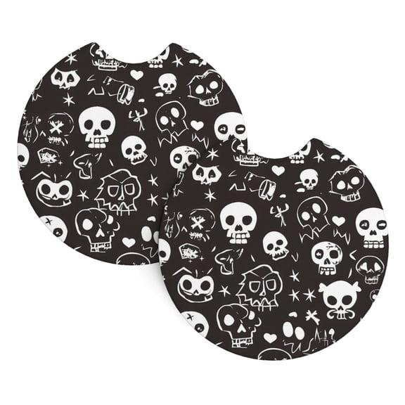 2 Package Car Coasters Drink Absorbable Rubber Base Cup Holder Coasters Non-Slip Coasters Bar Coasters Car Interior Accessories 2.7 Inches Weird Skull Head
