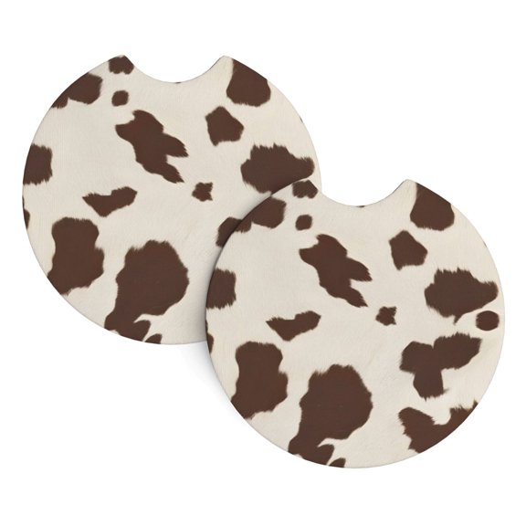 2 Package Car Coasters Drink Absorbable Rubber Base Cup Holder Coasters Non-Slip Coasters Bar Coasters Car Interior Accessories 2.7 Inches White And Brown Cow-Skin Print