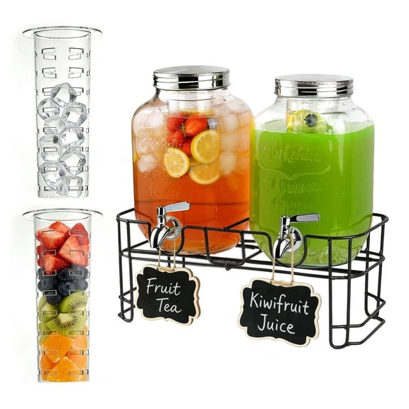 2-Pack 1 Gallon Glass Drink Dispenser - With Stand & 304 Stainless Steel Faucet, Ideal Beverage Server for Parties & Gatherings