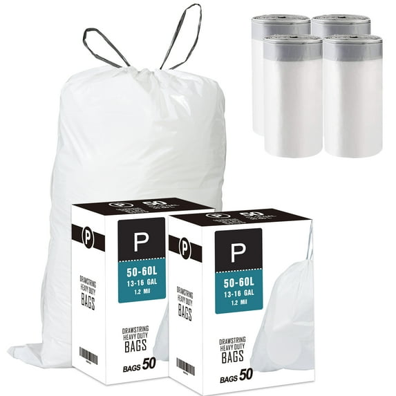 2 Packs(100 Count) Code P 13-16 Gallon Heavy Duty Drawstring Plastic Trash Bags Compatible with Code P | 1.2 Mil | White| 13-16 Gallon/50-60 Liter