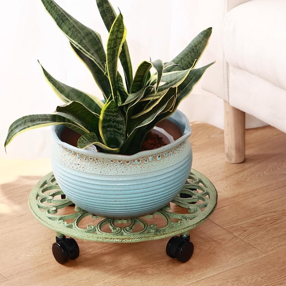 2 Packs 14 Inch Rolling Plant Stand with Wheels Metal Plant Caddy with Wheels Heavy Duty Round Plant Stand Indoor Iron Plants Rollers for Plants, Plant Dolly Retro Green