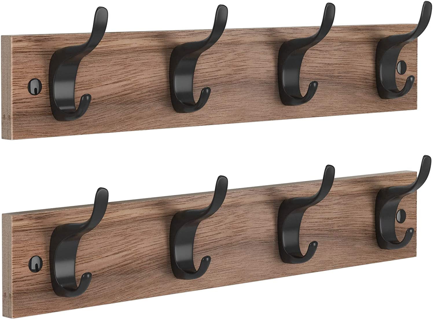 2 Packs 16 Wall Mount Wooden Rustic Hook Rack Coat Rack Hook Board with 4  Metal Hooks for Wall Organizer,Brown