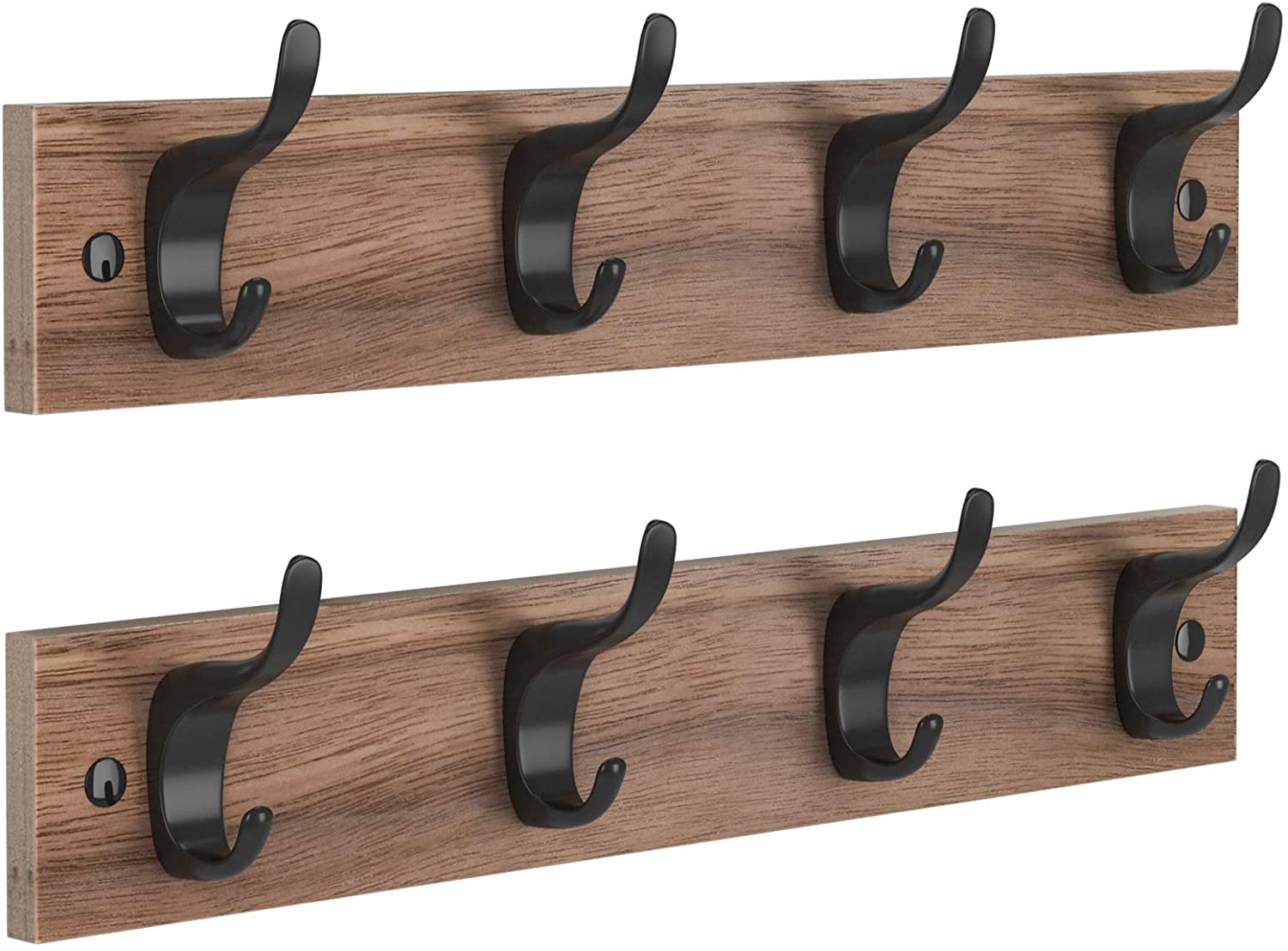 4 Hooks Wood Rustic Coat Hanger, Wall Mounted, 2 Pack, 10 lbs Limit by
