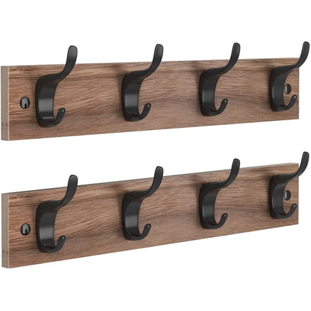 2 Packs Wall Mount Wooden Coat Rack, Entryway Rustic Hook Rack Hook Board with 4 Metal Hooks for Wall Organizer in Living Room, Bedroom