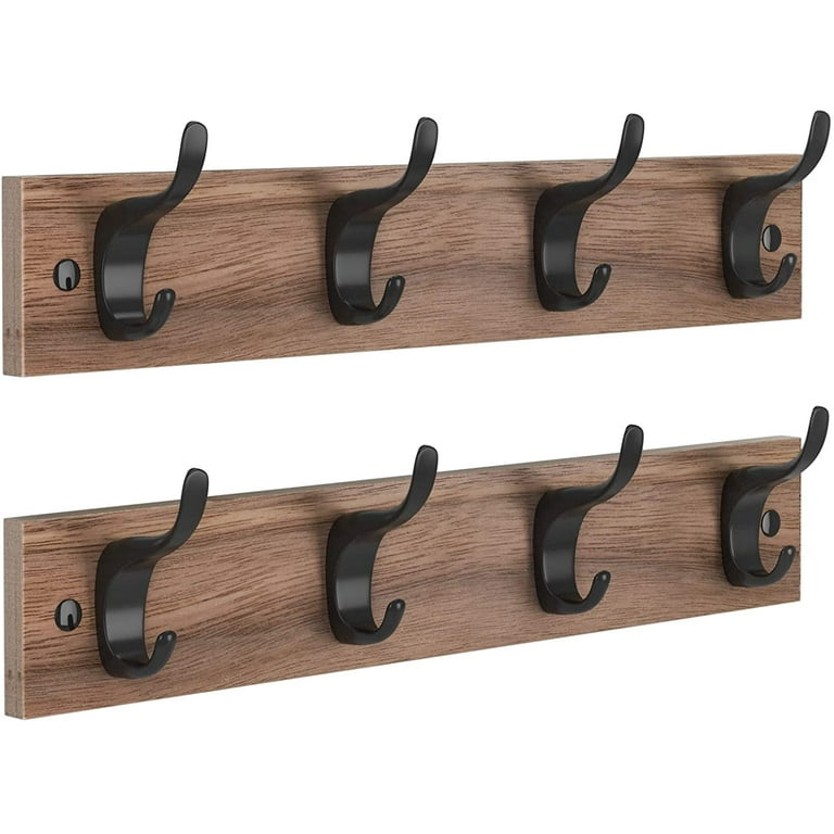 2 Packs 16 Wall Mount Wooden Rustic Hook Rack Coat Rack Hook Board with 4 Metal Hooks for Wall Organizer Brown