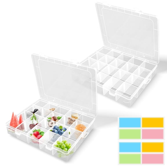 2 Packs 20 Grids Snack Containers with 8 Stickers, Divided Travel Snack Box, Reusable Food Serving Tray with Lid & Compartments Storage Organizer for Work School Picnic (Clear)
