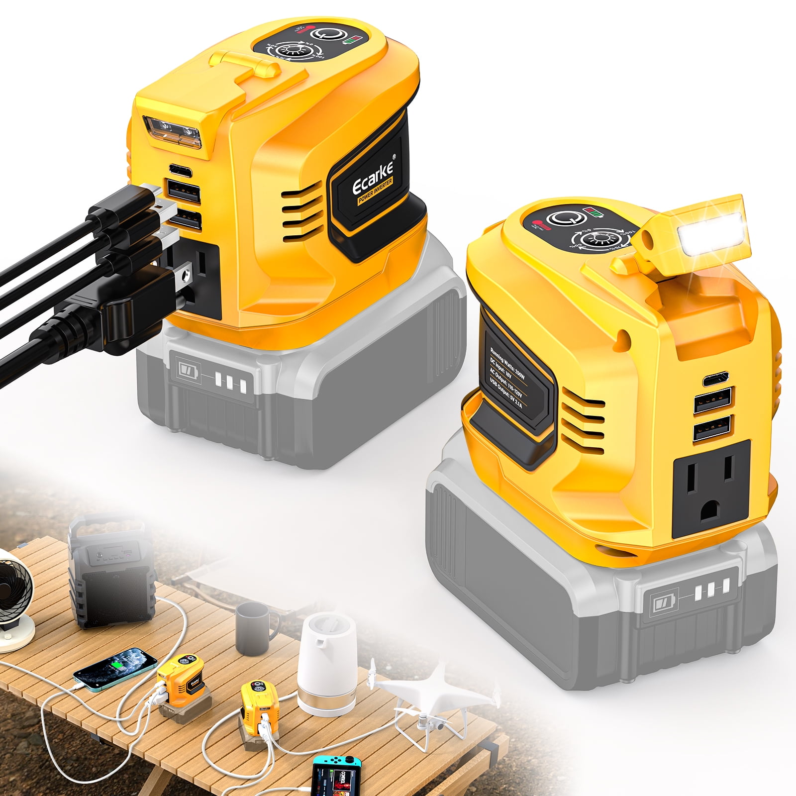 2 Packs 200W Power Inverter Compatible with Dewalt 20V, Ecarke Battery Inverter DC 20V to AC 110V Portable Phone Charger Generator Power Supply with 2 USB Ports & 1 Type-C & 1 AC Outlet