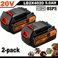 thumbnail image 1 of 2 Packs 20V 5.0Ah Li-ion LB2X4020 Replacement for Black and Decker Battery LBX4020 LBXR20 LBXR2020, 1 of 5