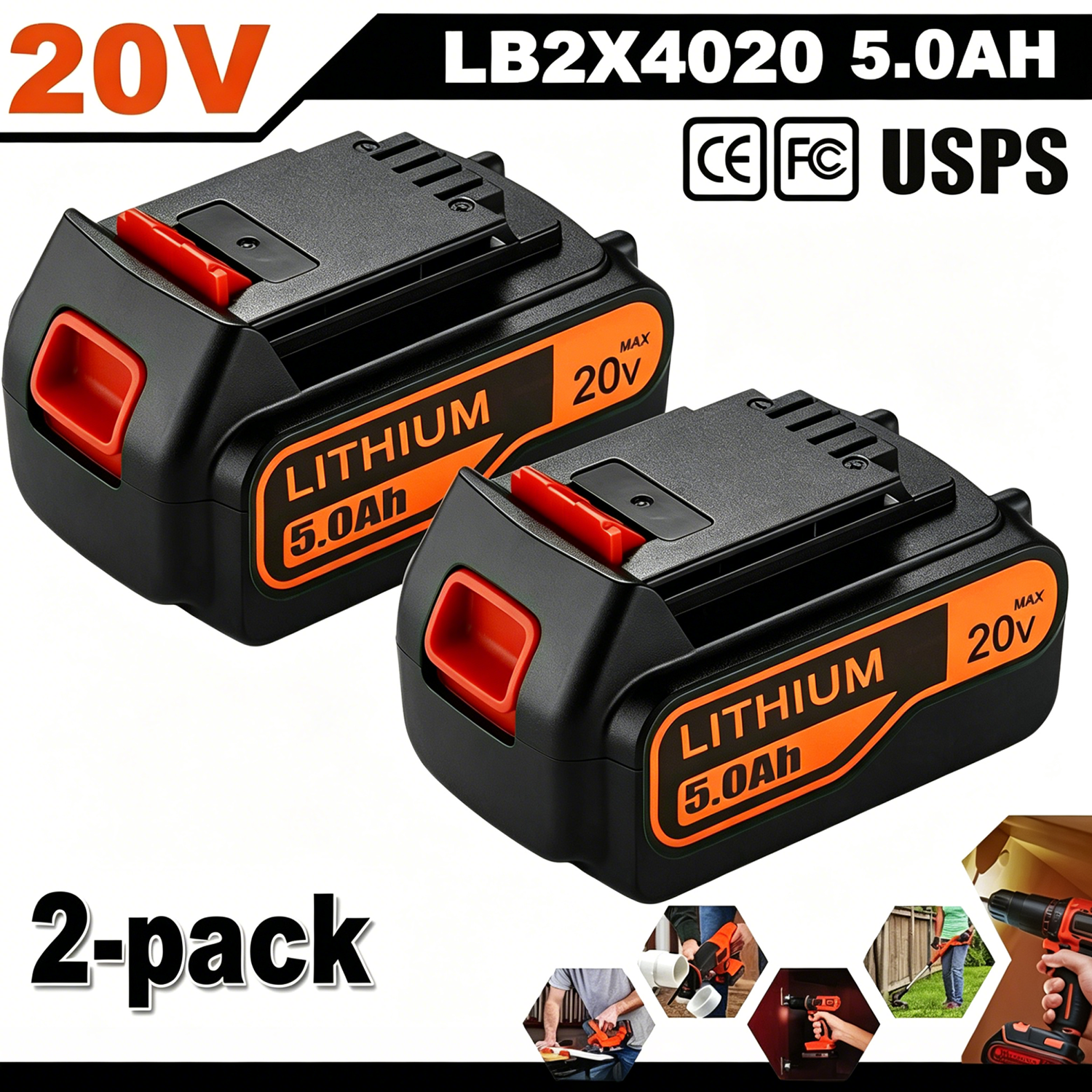 2 Packs 20V 5.0Ah Li-ion LB2X4020 Replacement for Black and Decker Battery LBX4020 LBXR20 LBXR2020