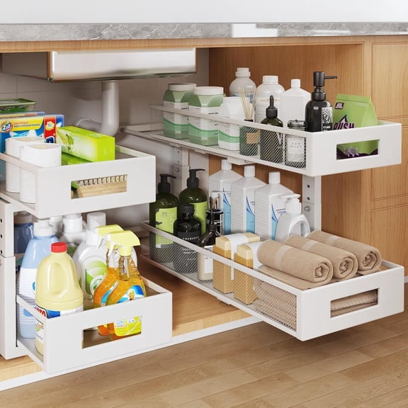 2 Packs 21IN pth Unr Sink Organizer, 2-Tier Pull Out Cabinet Organizer With Smooth Circular Rail, Large Capacity Metal Mesh Sliding Drawers For Bathroom& Kitchen Storage,Height Adjustable White