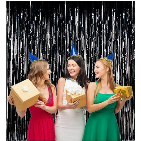 2 Packs 3.2ft x 6.6ft Black Metallic Tinsel Foil Fringe Curtains Photo Booth Props for Birthday Wedding Engagement Bridal Shower Baby Shower Bachelorette Holiday Celebration Party Decorations