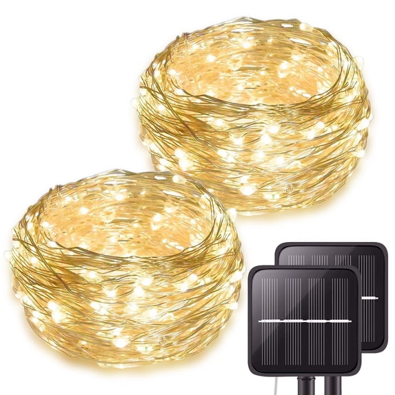 2 Packs 33ft 100 LED Solar Outdoor String Lights, Solar Powered Fairy Lights, Copper Wire Lights, Waterproof Outdoor String Lights for Garden Patio (Warm color)