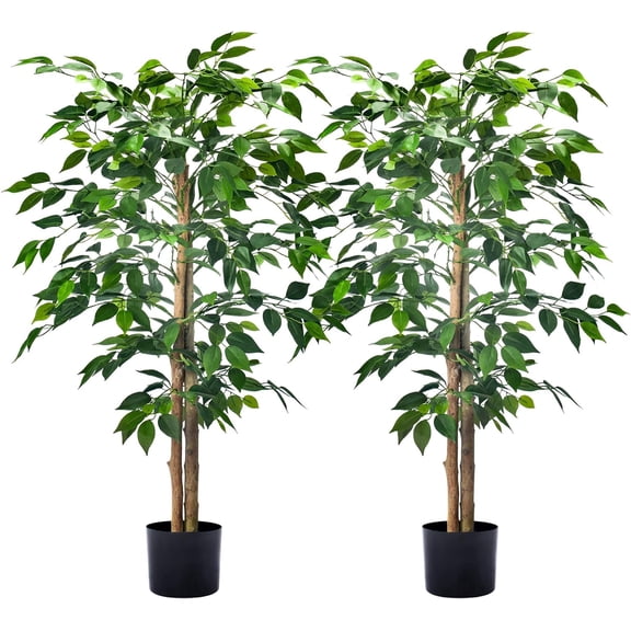 2 Packs 4 Foot Artificial Ficus Tree with Realistic Leaves and Natural Trunk in Plastic Nursery Pot for Indoor or Outdoor Decor