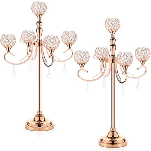 2 Packs 5 Arms Crystal Candelabra for Wedding Centerpiece, 33.8 Inch Tall Gold Floor Candle Holder Set with Chandelier Crystal Beaded, Anniversary Dinner Party Table Decoration Elegantes