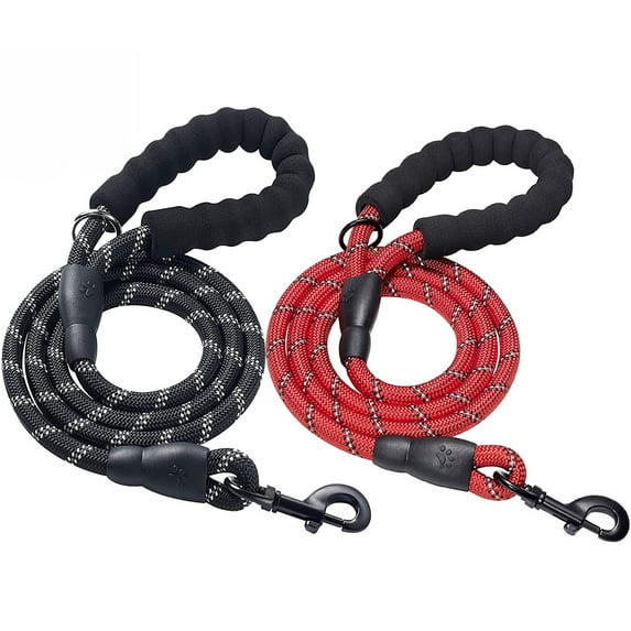 2 Packs 5 FT Strong Dog Leash with Comfortable Padded Handle and Highly Reflective Threads Dog Leashes for Small Medium and Large Dogs - Black + Red