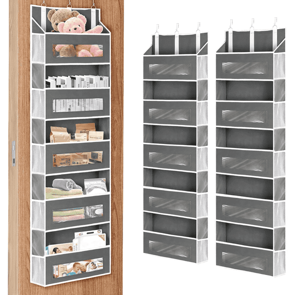 2 Packs 5-Tier Over the Door Storage Organizer with 10 Side Mesh Pockets, 48 lbs Load Capacity, 3 Hooks Design, Hanging Organizer with Clear Windows for Bathroom, Bedroom, Nursery, Kitchen-Grey
