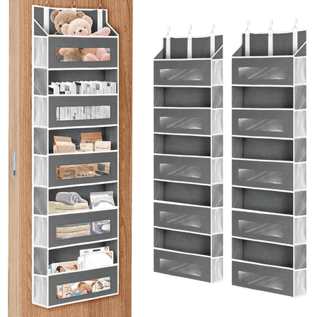 2 Packs 5-Tier Over the Door Storage Organizer with 10 Side Mesh Pockets, 48 lbs Load Capacity, 3 Hooks Design, Hanging Organizer with Clear Windows for Bathroom, Bedroom, Nursery, Kitchen-Grey