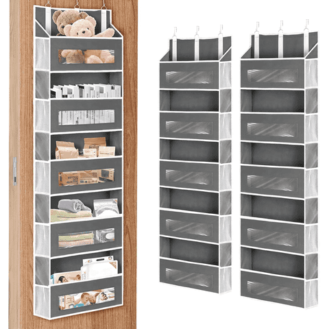 2 Packs 5-Tier Over the Door Storage Organizer with 10 Side Mesh Pockets, 48 lbs Load Capacity, 3 Hooks Design, Hanging Organizer with Clear Windows for Bathroom, Bedroom, Nursery, Kitchen-Grey