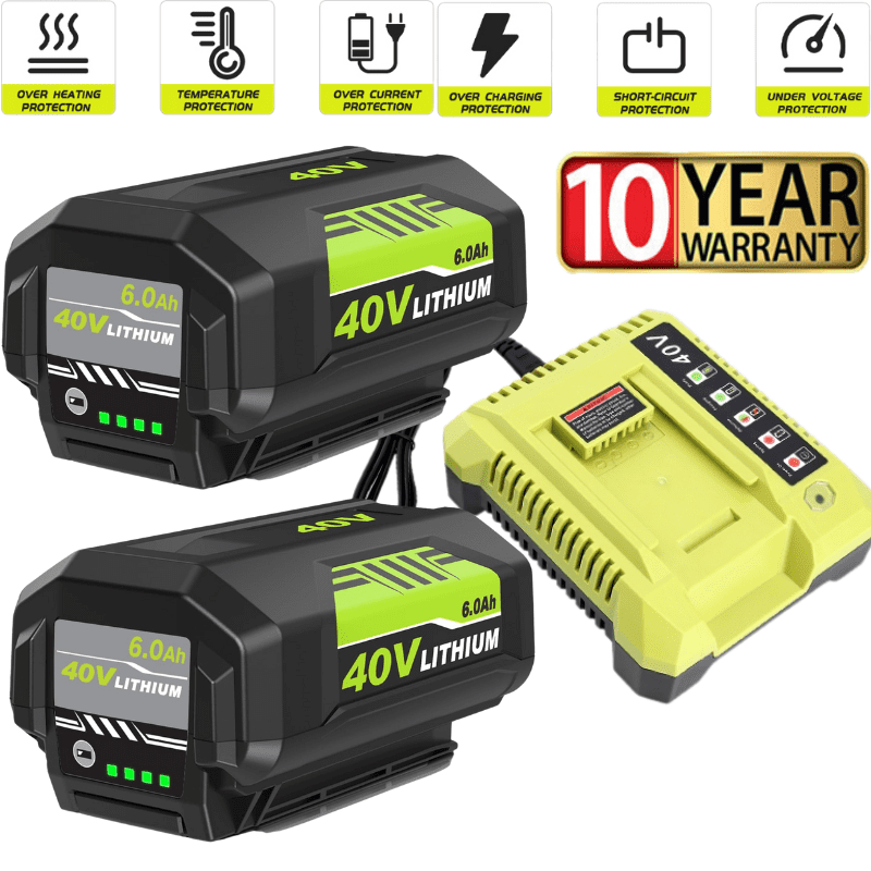 2 Packs 6.0Ah Li-ion OP40601 Battery and OP401 Charger Replacement for Ryobi 40V Battery and Charger kit Compatible with Ryobi 40 Volt Battery OP4026 OP40601 OP4050A OP4040 OP4030 OP4050(Green)