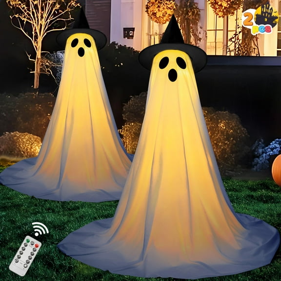 2 Packs 65'' Halloween Decorations Outdoor Standing Ghost, Light Up Spooky Ghost with Witch Hat & Remote Control, Glowing Halloween Decor for Yard Porch Lawn Garden Party Supplies Haunted House