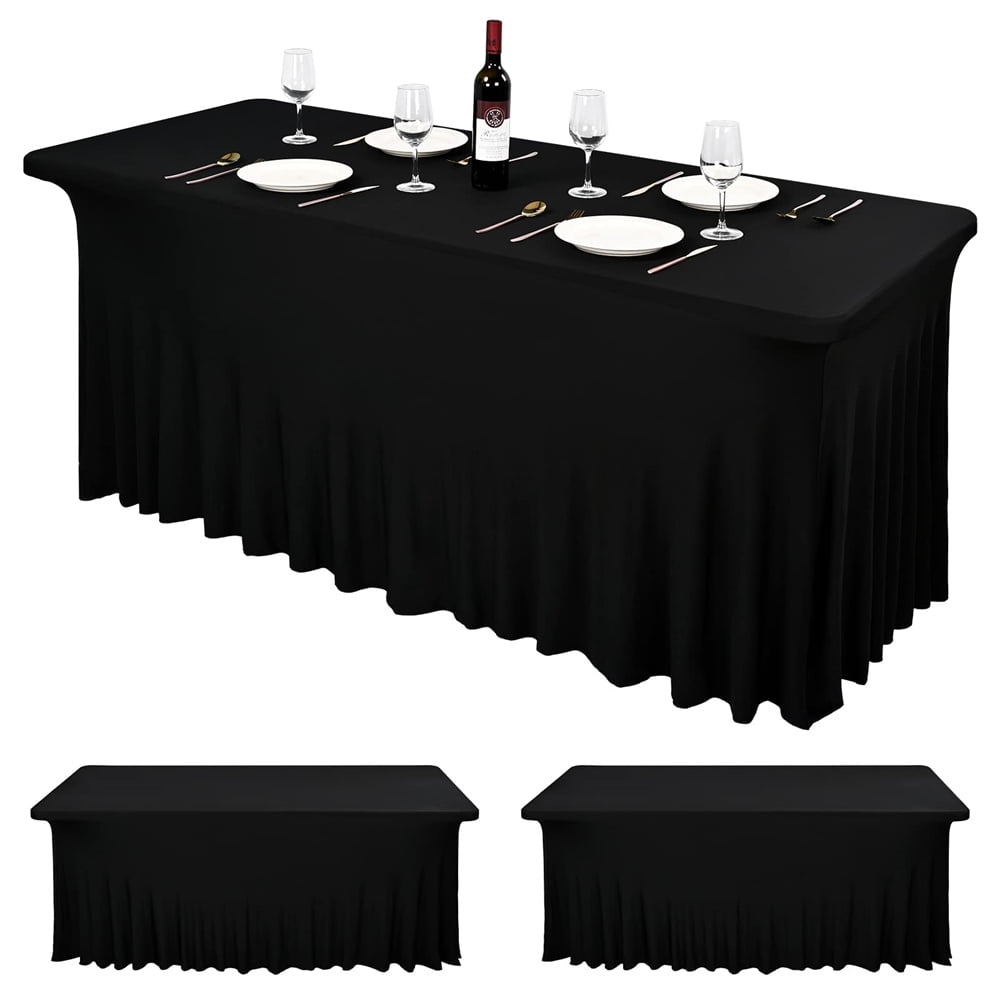 2 Packs 6ft Black Spandex Table Skirts WrinkleResistant Fabric Table