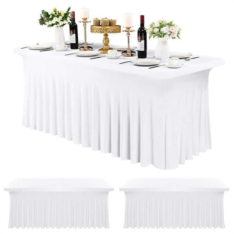 2 Packs 6ft White Spandex Table Skirts Wrinkle Resistant Fabric Table Skirt Fitted Stretch Tablecloth One Piece Rectangle Stretch Tables Covers Table