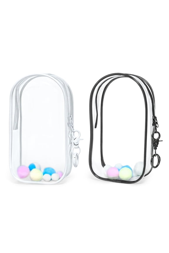 2 Packs 7.48''/19 CM Clear Figure Display Bag, PVC Clear Pouch Keychain with Zipper & Pompom, Doll Carrying Case Protector Charms Potable for Plush Storage Blind Box