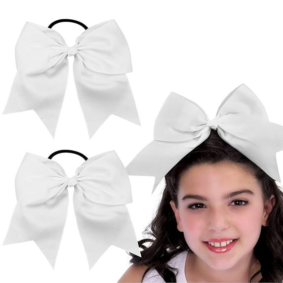 White Cheer Bows Bulk Large Hair Bows Breast Cancer 8inch for Toddler Girls Jumbo Cheerleading Ponytail Holder Team Gifts for Teen Hair Ribbons Softball Cheerleader Pack of 2