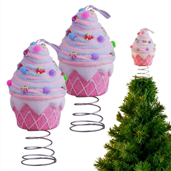 2 Packs 8 Inch Pastel Dessert Christmas Tree Topper Pink Cupcake Tree Topper Christmas Tree Decoration for Christmas New Year Birthday Party Decor