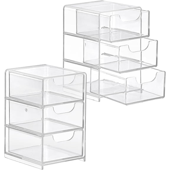2 Packs Acrylic Desk Organizer with 3 Drawers Small Display Organizer for Makeup Cotton Swabs Jewelry Clear Qtip Storage Box for Living Room Bathroom Office