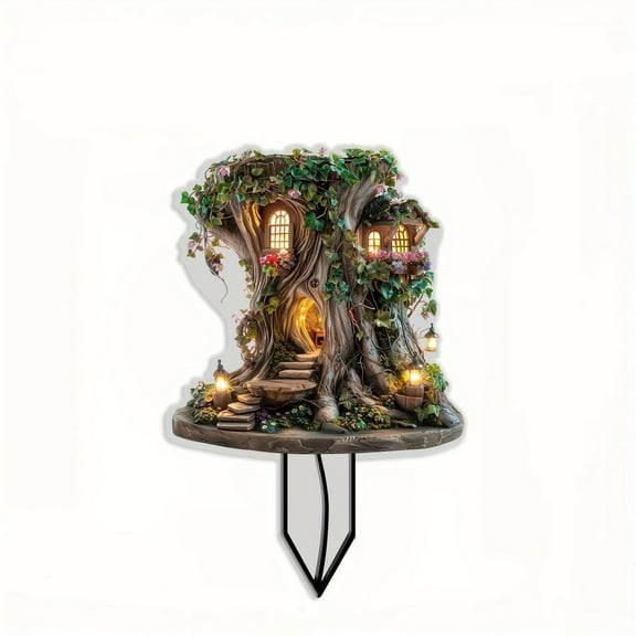 2 Packs Ancient Tree Log Cabin Hanging Decoration Sign with LED Lights for Garden Indoor Outdoor Acrylic Decor Wearable Ground Plug Ornament Props Camping Fairy Lights Yard Art Party Decorations