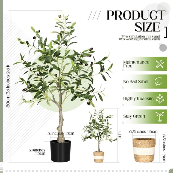 2 Packs Artificial Olive Tree 3 ft Indoor Faux Olive Tree Tall Fake Silk Plant Potted with Handmade Woven Basket Arbol Artificial for Office Living Room Garden Decor