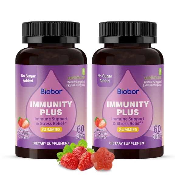 (2 Packs) Biobor 4 in1 Immunity Gummies with KSM-66 Ashwagandha,Vitamin C & D3, Sugar Free Natural Wellmune (Strawberry, 60 Count)