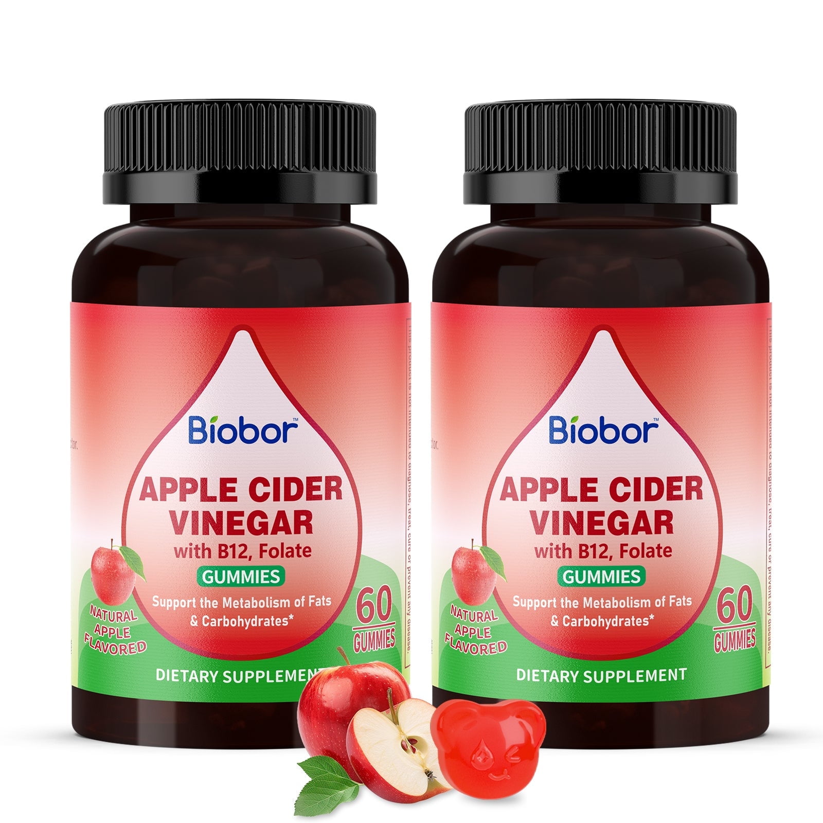 (2 Packs) Biobor Apple Cider Vinegar Gummies with Vitamin B12, 60 Count