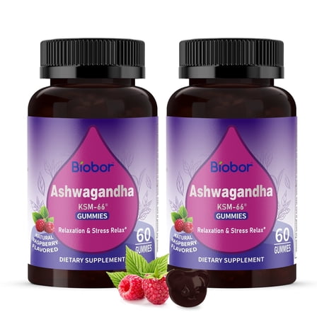 (2 Packs) Biobor Ashwagandha Gummies, KSM-66 Root Extract with Vitamin D3, Stress & Immune Support (Raspberry, 60ct)