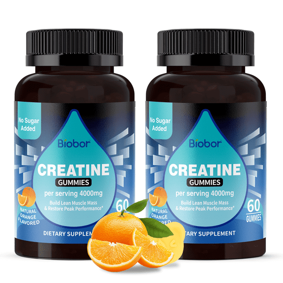 (2 Packs) Biobor Creatine Monohydrate Gummies 4000mg for Men & Women, No Sugar Added, Chewable Creatine Supplement , Vegetarian-Friendly, Gluten Free (Orange, 60 Count)