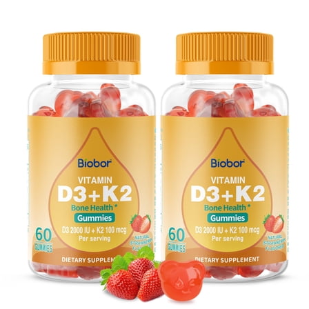 (2 Packs) Biobor Natural Vitamin D3 + K2 2000 IU Gummies - Strawberry Flavor, Dietary Supplement, 60 Count