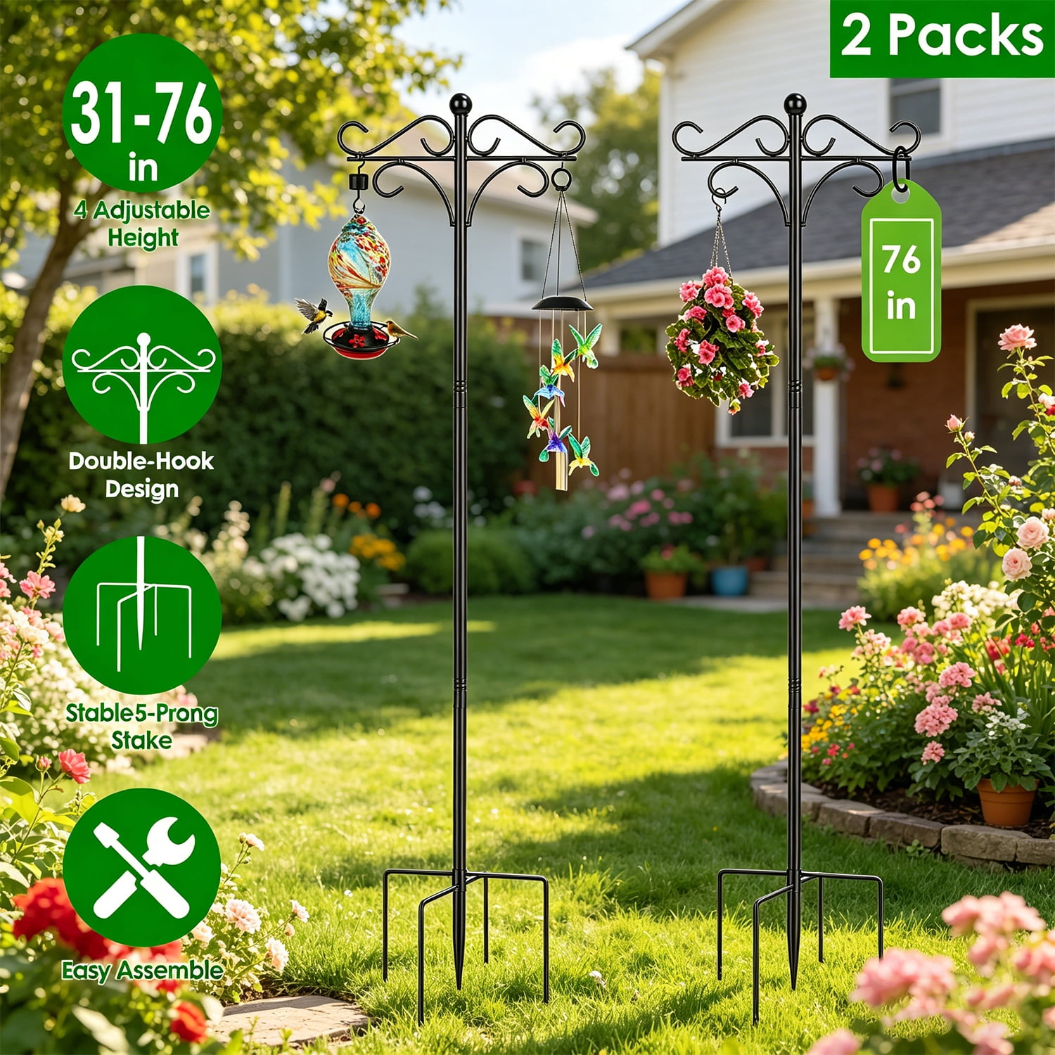 2 Packs Bird Feeder Pole Shepherds Hook Bird Feeder 76in Heavy Duty Double with 4 Adjustable Height 5 Prong Base for Garden Plant Lantern Outdoor Garden Patio
