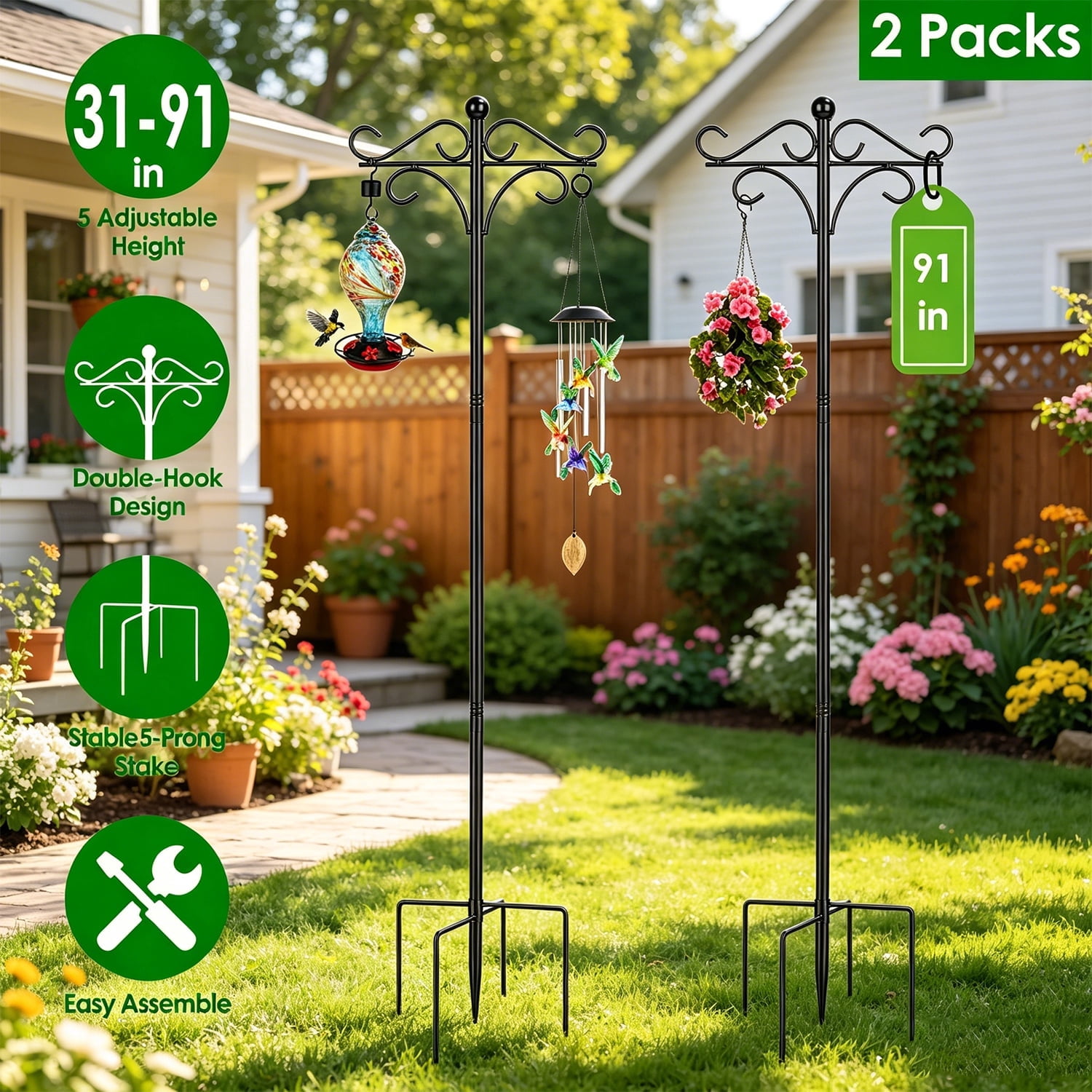 2 Packs Bird Feeder Pole Shepherds Hook Bird Feeder 91in Heavy Duty Double with 4 Adjustable Height 5 Prong Base for Garden Plant Lantern Outdoor Garden Patio