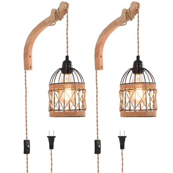 2 Packs Birdcage 2 PACK Plug-In Wall Sconce Hand Woven Rattan Farmhouse Boho Lighting