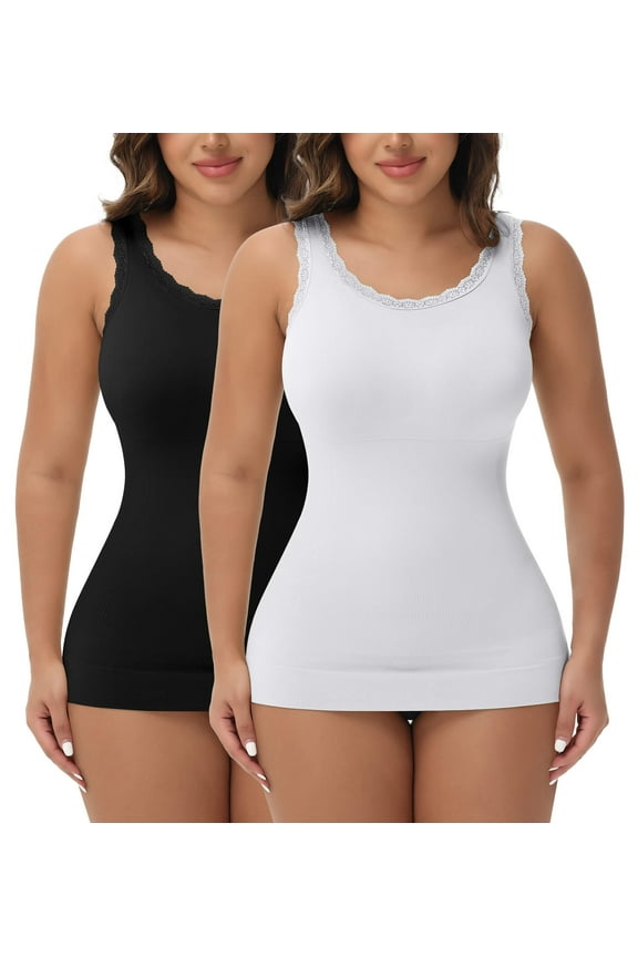 2 Packs Women Tummy Control Shapewear Lace Tank Tops Seamless Compression Tops Slimming Body Shaper Camisole