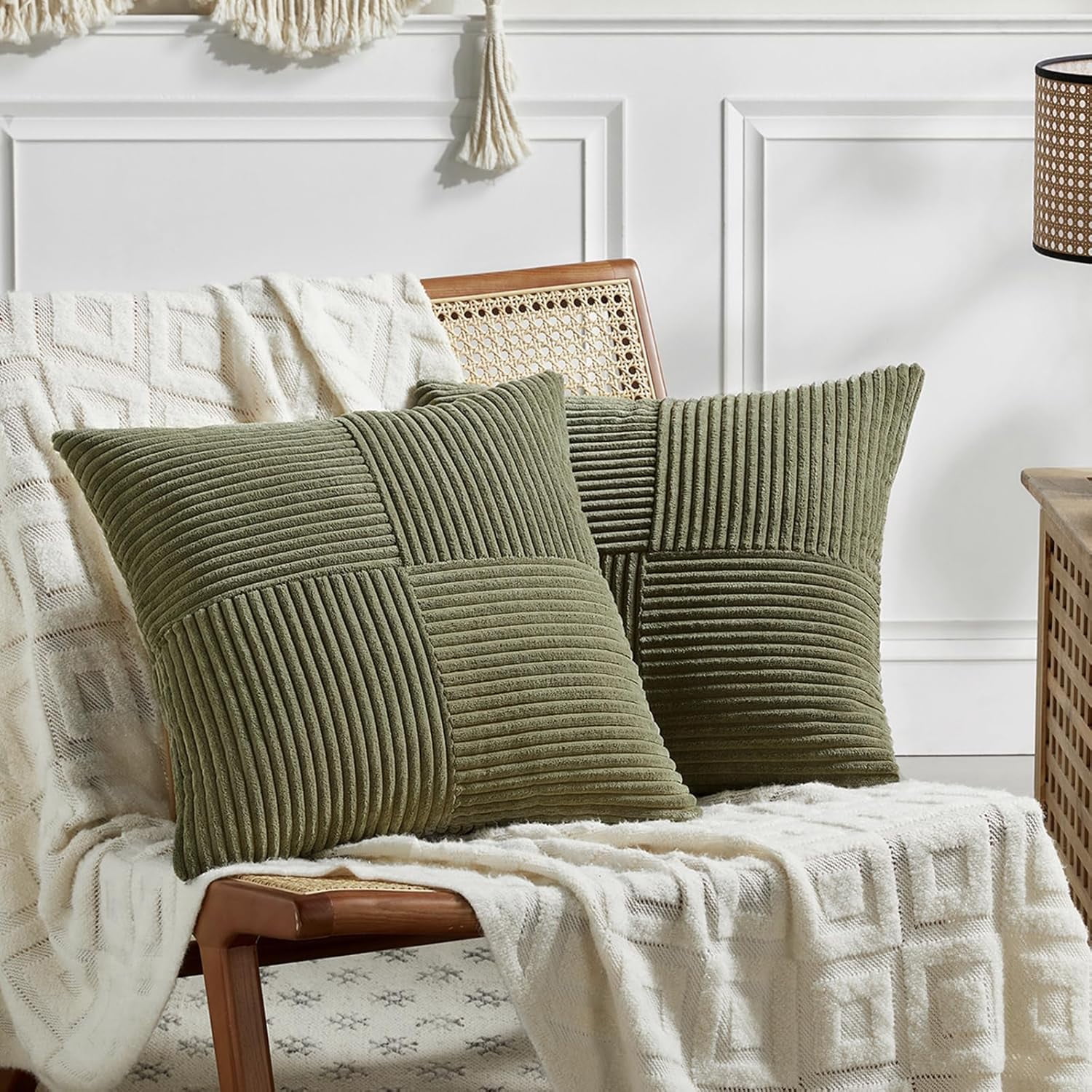 2 Packs Boho Decorative Throw Pillow Covers for Couch Bed Sofa, Farmhouse Home Decor, Soft Corss Corduroy Patchwork Textured Accent Cushion Case（Olive Green,71 x 71 cm (Pack of 2)）