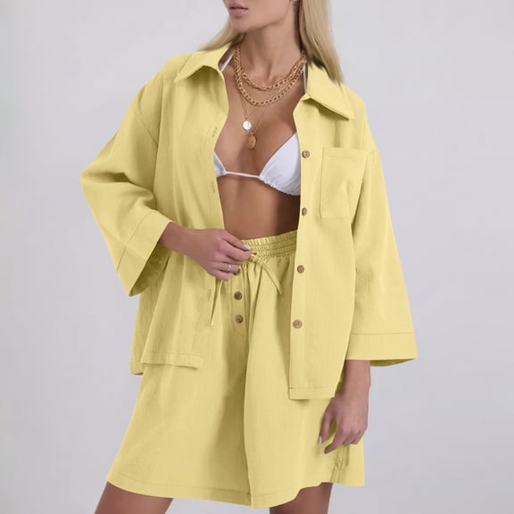 2 Packs Bussiness Sets for Womens Button Down Lapel Tees Shirts Long Sleeve Blouses with Pockets Drawstring Adjustable Sweatpants Comfort Casual Holiday Suits
