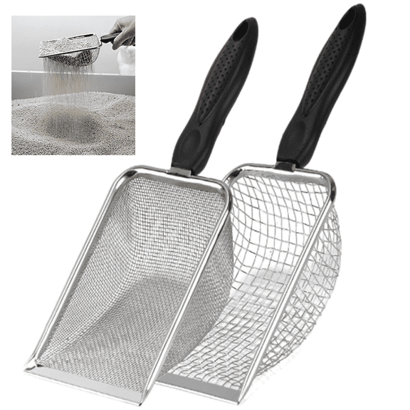 2 Packs Cat Litter Scoop Stainless Steel Mesh Scooper Long Handle Deep Shovel Non-Stick Coated Metal Litter Scoop for Litter Box Kitten Pooper Lifter (Hole:2mm and 5mm)