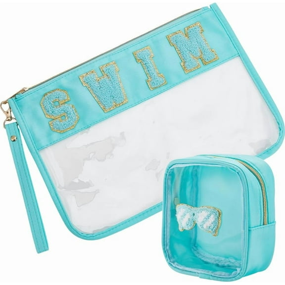 2 Packs Chenille Letter Clear Zipper Flat Pouch Waterproof Stuff Cosmetic Bags Travel Makeup Organizer Bag with Preppy Patches PVC Toiletry Bag for DIY handcrafting