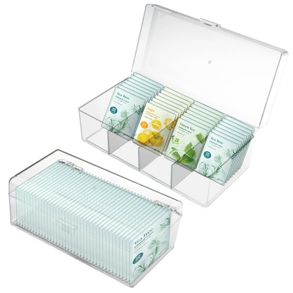 2 Packs Clear Tea Bag Organizer Storage with Lid, Open & 4 Grid Plastic/acrylic Tea Bag Holder Box, Tea Packet Organizer Bins Caddy Dispenser for Snack Coffee Condiments Kitchen Countertop Pantry