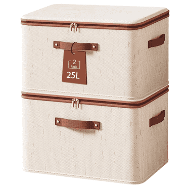 2 Packs Closet Storage Bins with Zipper Lid, Collapsible Baskets Cube Organizer with Handles, Cotton Linen Fabric Storage Cubes for Shelves Clothes, Beige
